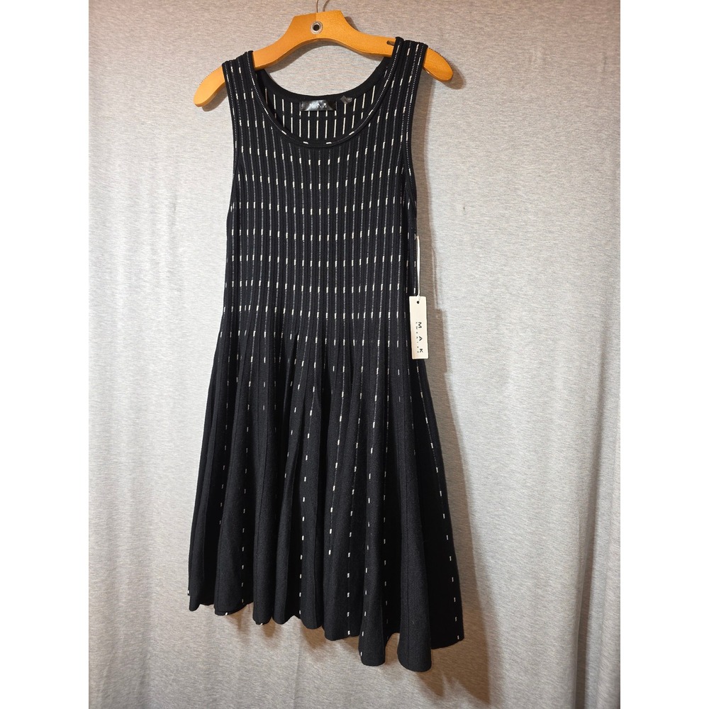 MAK Sweater Dress Womens Medium Black White Stripe Fit Flare Knit MK3420 NEW